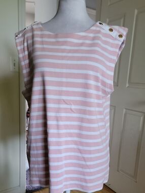 Sleeveless Pink & White Striped Button-Shoulder Top